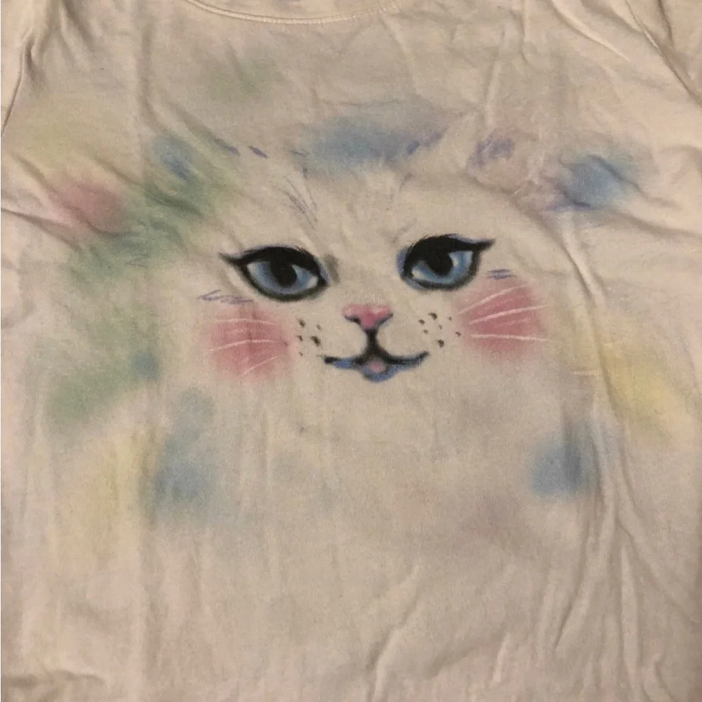 GAP White Long-Sleeve Tee with Pastel Multicolor Cat Face